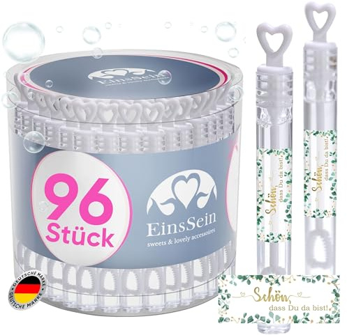 EinsSein Seifenblasen 96er Set | Reagenzgäschen in Herzform mit Gold-grün „Schön, DASS du da bist“ Aufklebern | gebrauchsfertig fleckenfrei | perfekt für Hochzeit Taufe Geburtstag & Dekoration