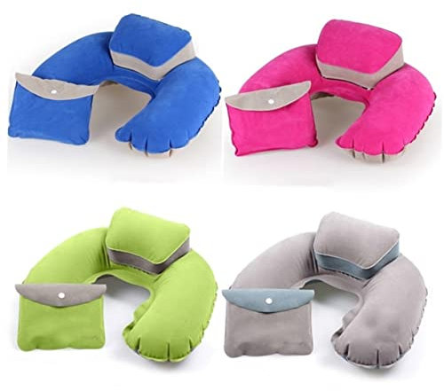 Ciieeo Aufblasbares U-förmiges Reisekissen Mit Flockbeschichtung Ergonomisches Kopf Nackenkissen Leichtes Langlebiges Outdoor-Kissen Mit Ohrstöpseln Für Camping Flugzeug Und Auto