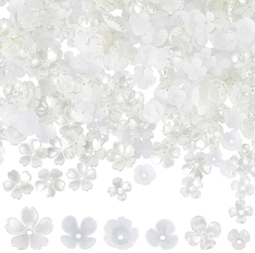 SUNNYCLUE 1 caja de 600 piezas de Cuentas de Flores Blancas, Cuentas Espaciadoras de Flores Transparentes, Flores de Tulipán de Plástico, Tapas de Cuentas de Pétalos de Lirio, Tapas de Extremos Floral