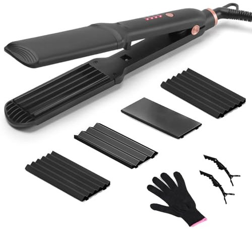 Oskuglin Piastra crespa per capelli 3 in 1, Sostituibile Arricciacapelli per Mais Caldo, Capelli Acconciatura Vaporosa,Temperatura Regolabile per Capelli Lisci, Ondulati e Ondulati Ceramic