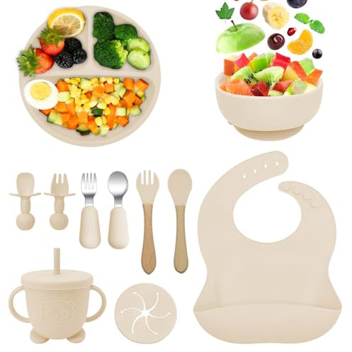 Bizcasa Coffret Repas Bebe Silicone,11 Pièces Assiette Ventouse pour Bébé Assiettes,Couverts pour Enfants Sans BPA,Bols,Dossards,Cuillères,Fourchettes,Gobelets à Boire,Assiette de Diner