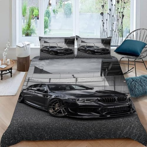 Sportwagen Bettwäsche-Sets,Microfaser Bettwäsche 135X200 + 80X80 Kissenbezug,Schwarzes Auto 3D Bettbezug Mit Reißverschluss Sommer Winter Für Kinder,Single Bed,A30