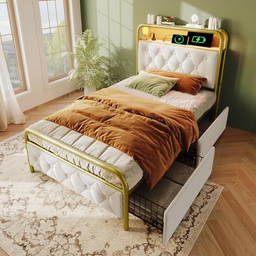 Merax Polsterbett Metallbett 90x200cm mit 2 Schubladen, LED-Beleuchtung, Ladefunktion, Lagerregal, Einzelbett Bettgestell, Stabil Metallrahmen, Stauraumbetten, Jugendbett, Samt, ohne Matratze, Weiß