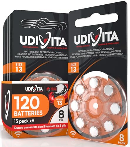 120 Piles Auditives Taille 13 Udivita PR48 (Orange) avec Technologie Phono Pulse Zinc-Air Hearing Evolution - 15 Blisters de 8 Piles