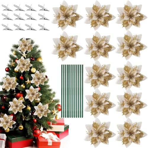 Weihnachten Glitzer Weihnachtsstern Künstliche Blumen, 12 Stück Weihnachten Blumen Glitzer Künstliche Weihnachtsstern, Weihnachtssterns Deko Blumen, Weihnachtens Blumens mit 12Pcs Vorbauten und Clips