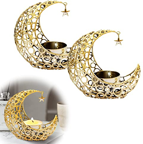 2 Stück goldene Mondkerzenhalter, Metall-Mond-Votivkerzenhalter, Teelichthalter mit hängendem Stern, für Hochzeit, Party, Heimdekoration