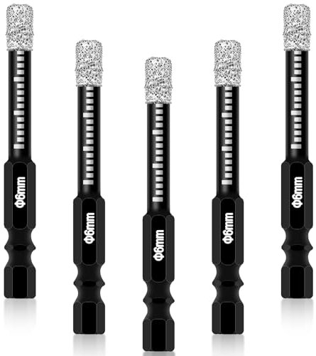 5Pcs Porcelain Tile Drill Bits Set, 6mm Diamond Drill Bit Glass Dry Drill Bits Set for Drilling Granite, Ceramic, Porcelain, Marble, Stone, Glass Etc Hard Materials