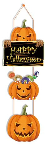 Vavious Home Decor Türschild Happy Halloween-Kürbisse, bemalt, rustikales Willkommensschild, lustiges Papier, Herbst-Türdekoration (orange)