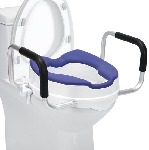 Rialzo per WC rialzato con maniglie, alzata per sedile WC da 10 cm, per anziani con braccioli imbottiti in TPR e alluminio, alzata di sicurezza per WC allungata o standard (blu)