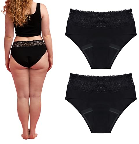 dais Periodenunterwäsche für Starke Blütung mit Bio-Baumwolle • Slip mit Spitze (DE/NL/SE/PL, Alphanumerisch, M, Regular, Regular, 2, Schwarz)