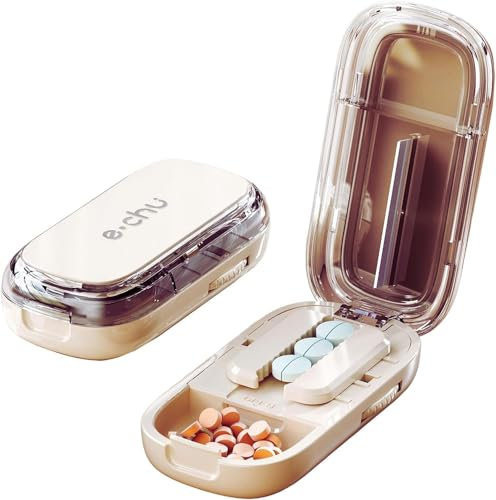 Zikenis Tablettenteiler, Mehrfachpillen Pill Cutter, für Kleine und Große Tabletten,Tablettenschneider mit Aufbewahrungsfach, für Reise &Haustier, täglichen Gebrauch (Off-White)