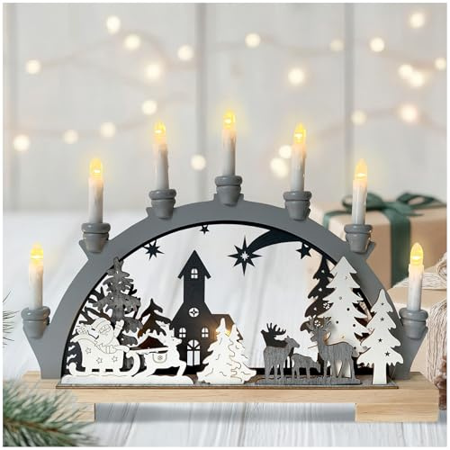 HTI living Moderner Schwibbogen LED Holz Grau mit Weihnachtsmotiv und 7 LED Kerzen Schwibbogen Weihnachtsdeko batteriebetrieben