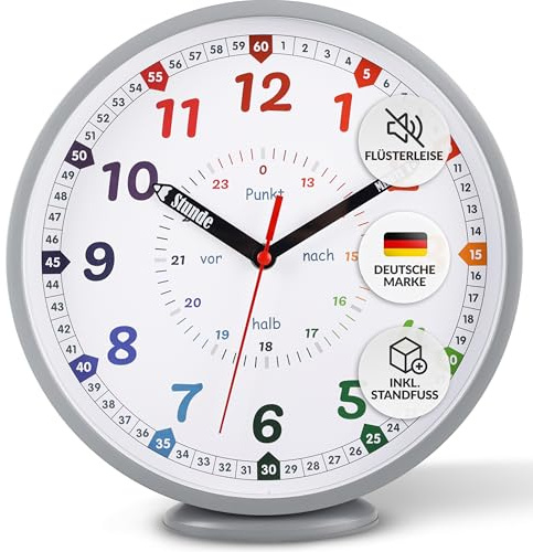 LATENO - Wanduhr Kinder Grau - zum Aufstellen oder Aufhängen - 25 cm - Analoge Kinderwanduhr für Jungen & Mädchen - Lernuhr Kinder ohne Tickgeräusche - Wanduhr Kinderzimmer lautlos - Uhr Kinderzimmer