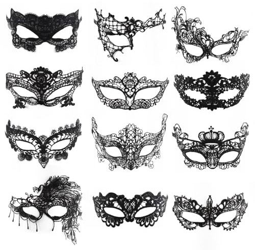 12 Stück Maskerade Maske Venezianische Maskes Sexy Lace Masker Schwarz | Damen Spitze Maskes Spitzenmaske Masquerade Augenmaske für Karnevalsparty Maskerade Party Cosplay Valentinstag Halloween