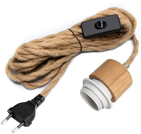 WPQIUZS 500CM Hanfseil Hängelampe mit Stecker, Lampenfassung E26/E27 mit Kabel, Lampenkabel mit Schalter, Pendelleuchte mit Stecker, Hängeleuchte Steckdose, Hanfseil Kabel Fassung, DIY zu Hause Ideen