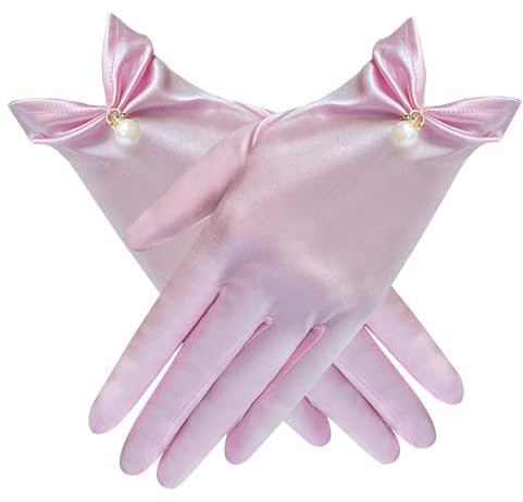 Whakano Elegante Handschuhe Damen,Satin Handschuhe,Dekorative Handschuhe Kurze,Brauthandschuhe,Abendhandschuhe,Gloves für Halloween,Bankett,Party,Hochzeit,Karneval,Tea Party Zubehör,Rosa
