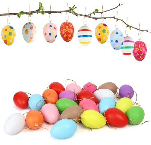 24 Stück Ostereier Pastell, 6 cm Ostereier zum Aufhängen, Ostereier Plastik, Bemalte Kunststoff Eier, Ostereier zum Basteln, Kleine Schaumeier zum Bemalen, Bekleben und Aufhängen Osterdeko Eier