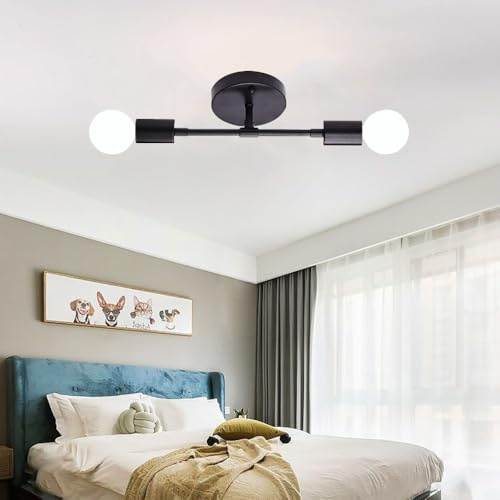 Industry Schwarz Deckenlampe Lampe Decke,E27 2 Flammig Modern Deckenleuchte,Ceiling Lampe Kkronleuchter Hängelampe Vintage Kronleuchter für Küche Schlafzimmer Wohnzimmer Flur Esszimmer (schwarz)