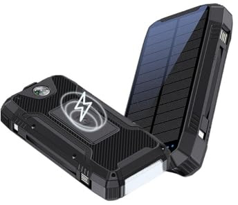 UFUZON Ishiva Solar Power Bank 30000 mAh, inalámbrico Qi 22.5W QC 3.0 USB-C cargador de teléfono portátil rápido con luces LED, batería externa impermeable compatible con iPhone, iPad y Samsung