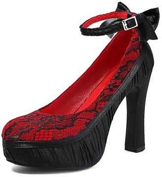 elerhythm Chaussures Mary Jane pour femme Punk à bout fermé avec fleur en dentelle élégante, escarpins gothiques à plateforme à arc mignon à talons hauts, rouge, 38 EU