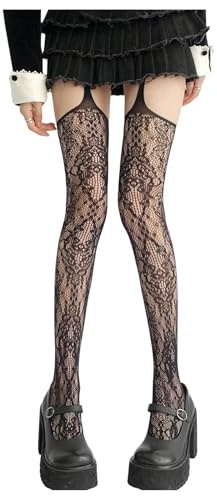 SHENHE Women's Y2K Lace Tights Suspender Pantyhose Sheer Thigh High Garter Stockings Black One-Size