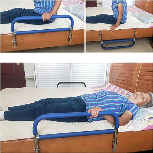 Barandilla de Cama de Acero Inoxidable para Adultos, con asa de Seguridad Plegable y Barra de Apoyo (Azul)