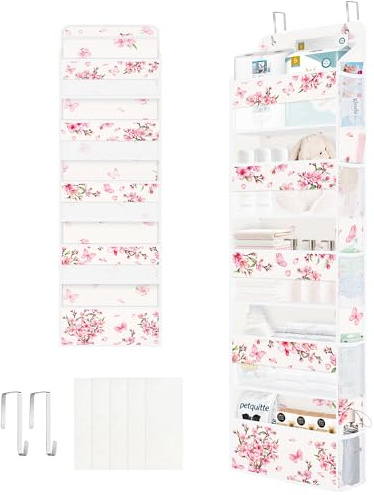 Clastyle Blumen Tür Hängeaufbewahrung Blätter Hängeorganizer für Camping Bad Schrank Schlafzimmer Mädchen Türorganizer für Damen Kleidung Spielzeug Windel, Kirschblüten, 5 Fächern