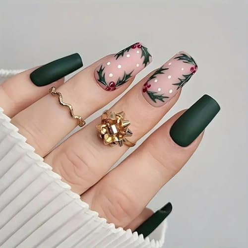 NICENEEDED 24PCS Presse de Noël sur Les Ongles Faux Ongles Carrés Moyens avec Motif Vert Foncé Faux Ongles de Noël d'hiver pour Femme