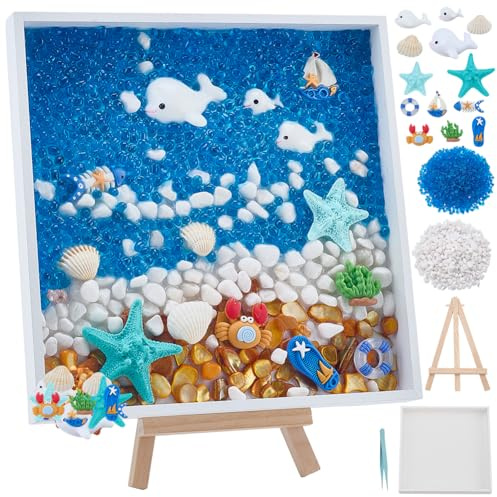 WEBEEDY DIY Mosaik Meeresthema Fotorahmen Set Mosaikmalerei-Set DIY Mosaik Kunst Und Bastelsets Mit Quadratischem Rahmen Muscheln Meereslebewesen Pflanzenzubehör Und Anleitung Für Anfänger Erwachsene