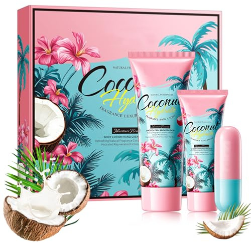 Natural Coconut Oil Skincare Gift Set - Lip Balm, Hand Cream & Body Lotion, Moisturising Gifts for Women, Girls, Ladies & Men, Birthday & Christmas Pamper Present