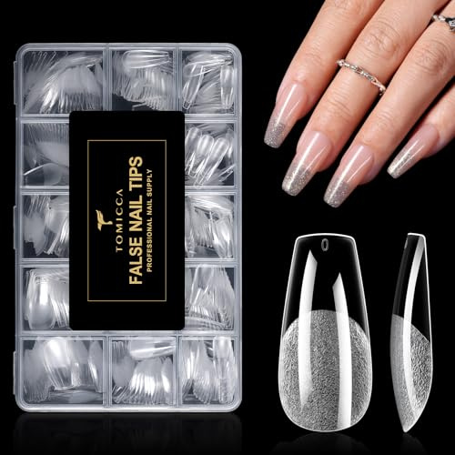 TOMICCA 510 Pièces Capsule Americaine Ongle Long Ballerina 15 Tailles | Capsules Ongles Gel Couverture Complète, Ultra-Mat plus Résistante, Faux Ongles Pourextension D'ongles Nail Art Salon