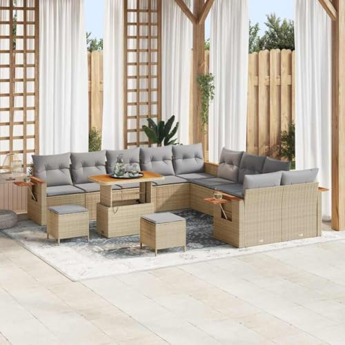 Teenpull Trädgårdssockset med kudde, 13 delar, beige poly rotting, UV-resistent loungesoffa för terrass och balkong, 10 sittplatser