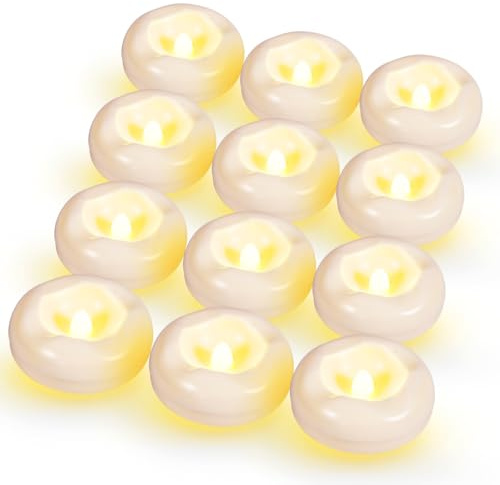 Houkiper Flameless Floating LED Tea Lights, 12-Pack Waterproof Candles with Warm Yellow Glow, Floating Decorations for Weddings, Pools, Vases, Outdoor Parties