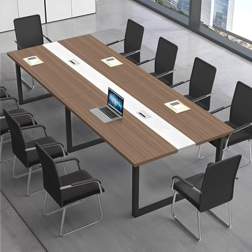 CCUKTFN Tavolo Riunioni Ufficio Moderno, Tavolo da Conferenza Rettangolare con Canalina per Cavi e Struttura in Metallo Nero, Ideale per 8-12 Persone, Sala Conferenze e Seminari