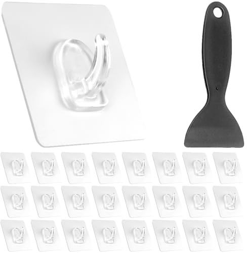 THQAE 25 Pièces Crochets Adhésifs Transparents, Crochets Auto-Adhésifs avec Grattoir, Crochets Sans Clous, Idéaux Comme Crochets Muraux pour Porte de Cuisine, Salle de Bain et Toilettes