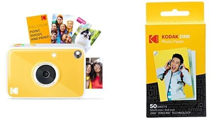 Kodak Printomatic+ Appareil photo numérique instantané (jaune) et papier photo Kodak ZINK Premium 5 x 7,5 cm (paquet de 50 feuilles)