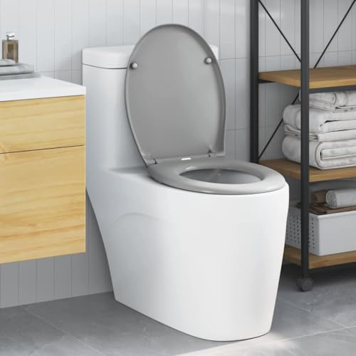 Sedile WC con abbassamento automatico, sedile WC a sgancio rapido, grigio, 44,8 x 37,3 x 4,2 cm, Duroplast, facile da montare e pulire, con funzione di rilascio rapido