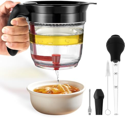 Fat Separator with Bottom Release, 1000ML Gravy Oil Separator Jug and Strainer, Multifunctional Soup Grease Skimmer Cup for Cooking Healthy Gravy, Sauces, Stews