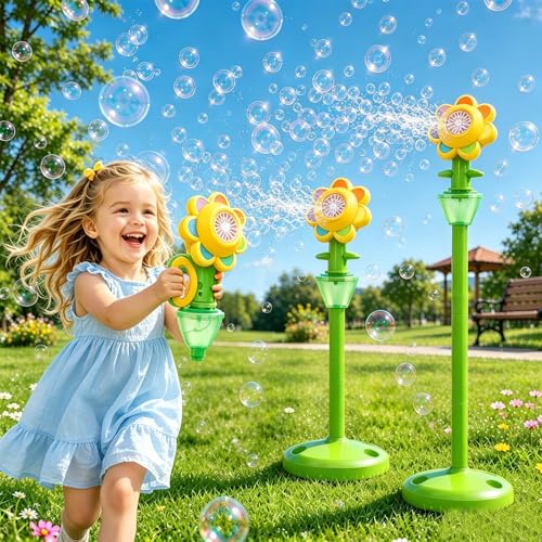 Seifenblasenmaschine Kinder 2-In-1 Stand & Hand, Tanzende Sonnenblumen Seifenblasen Kinder Mit Led-Licht, Bubble Machine Auto 150ml + 20 X Seifenblasenflüssigkeit Für Outdoor Geburtstag