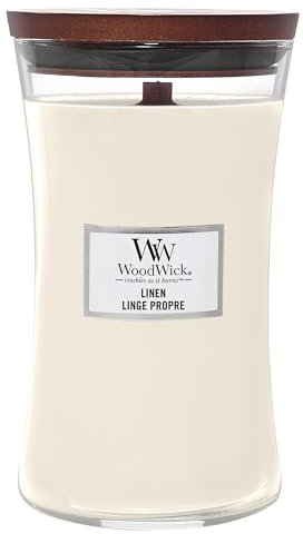 WoodWick Große Duftkerze im Sanduhrglas mit knisterndem Docht | Linen | bis zu 130 Stunden Brenndauer