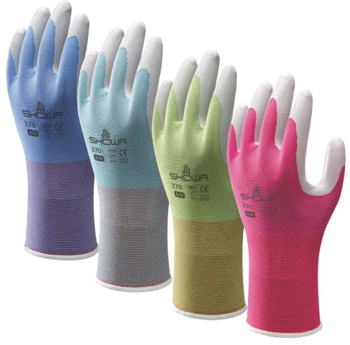 SHOWA Floreo 370 Gardening Gloves for Women & Men – 4 Pairs Multicolour Nitrile-Coated Garden Gloves with Touchscreen Grip – Lightweight, Breathable & Comfortable Fit - Small