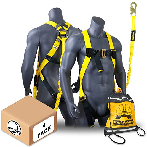 KwikSafety SCORPION [4 Pack] Safety Harness | Full Body Fall Protection Harness w/ 6ft Tubular Lanyards | OSHA ANSI Certified Fall Arrest PPE Gear
