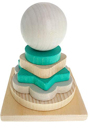 Hess Holzspielzeug 14958 - Stapelturm aus Holz, mit Scheiben in verschiedenen Formen, Nature Serie in Türkis, für Kleinkinder ab 24 Monaten, handgefertigt