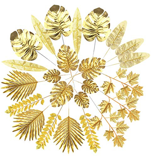 QAQGEAR 24Pcs Foglie Artificiali Oro 8 Tipi Foglie di Palma Piante Tropicali Dorate Foglie di Palma Foglie finte per Matrimonio Compleanno Festa a Tema Casa Decorazioni Fai da Te Forniture