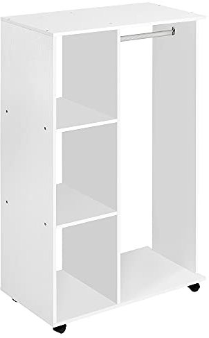 HOMCOM Open Wardrobe on Wheels with Clothes Rail, Bedroom Clothes Storage with Hanging Rod, 3 Storage Shelves, Mobile Garment Rack for Cloakroom, Hallway, White