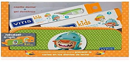 Vitis Kids Pack Gel Dentífrico Con Fluor Sabor Cereza, 50ml+cepillo Dental +años, 1ud+regalo Neceser, One size, Vanilla, 3 Unidad