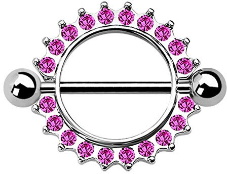Brustpiercing Schmuck Schild mit Steinkranz in pink, 12 mm Öffnung, Stab und Kugeln aus Titan