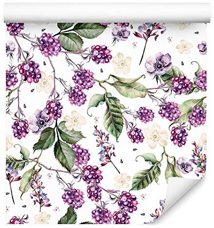 Muralo Tapete 10m Rolle Vlies Tapete Blumen Blätter Stängel Früchte Brombeeren Obst Vliestapete 1000 x 53cm Wand Tapete Wohnzimmer Schlafzimmer Moderne Wanddeko Wand Dekoration