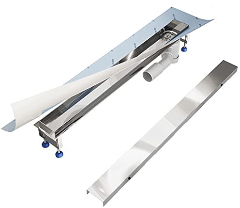 Aquabad Duschrinne SDS Premium aus poliertem V2A Edelstahl, Länge 80 cm, waagerechter Abgang Seite, Komplett Set mit Blende: Bord, Siphon und Haarsieb