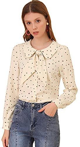 Allegra K Women's Peter Pan Collar Blouse Jabot Bow Tie Button Front Shirt Beige 8